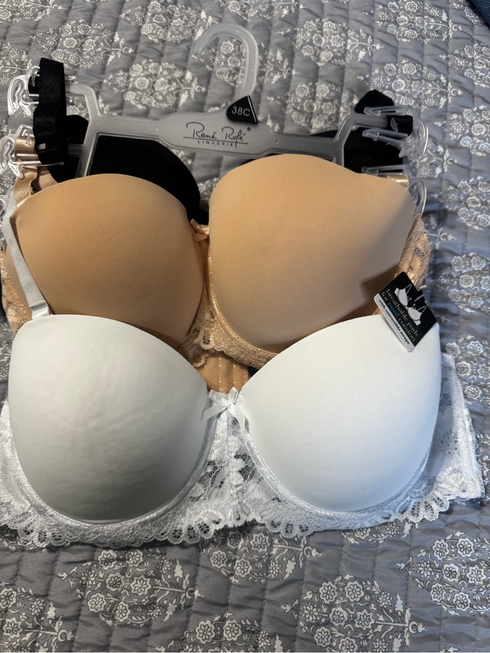 Rene Rofe Lace-Trim T-Shirt Bra Set of 3- White, Black, and Nude